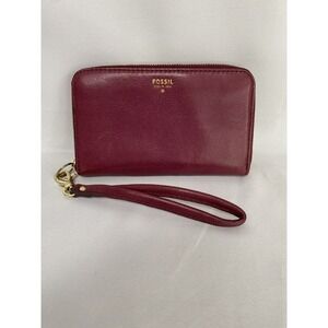 Fossil Maroon/Pink/Orange Leather Small‎ Zip Around Wallet Wristlet 6.25"x4"